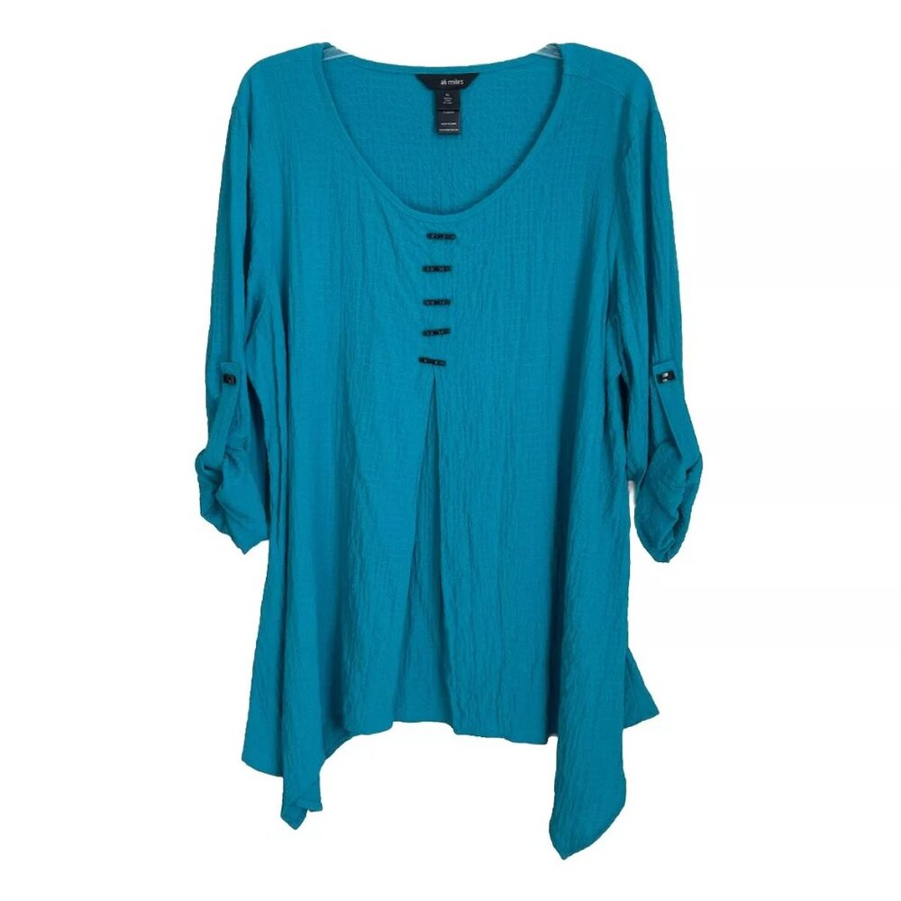 Ali Miles Teal Roll Tab Sleeve Dip Hem Tunic Art to Wear Artsy